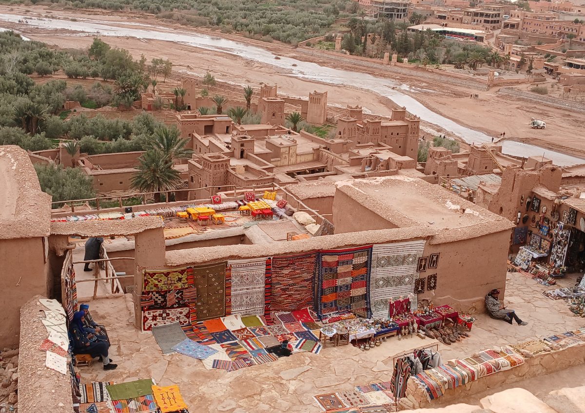Ait Ben Haddou Kasbah Aerial Souk — Morocco Epic Journey guided Morocco tours across the Sahara desert, kasbahs and imperial cities.