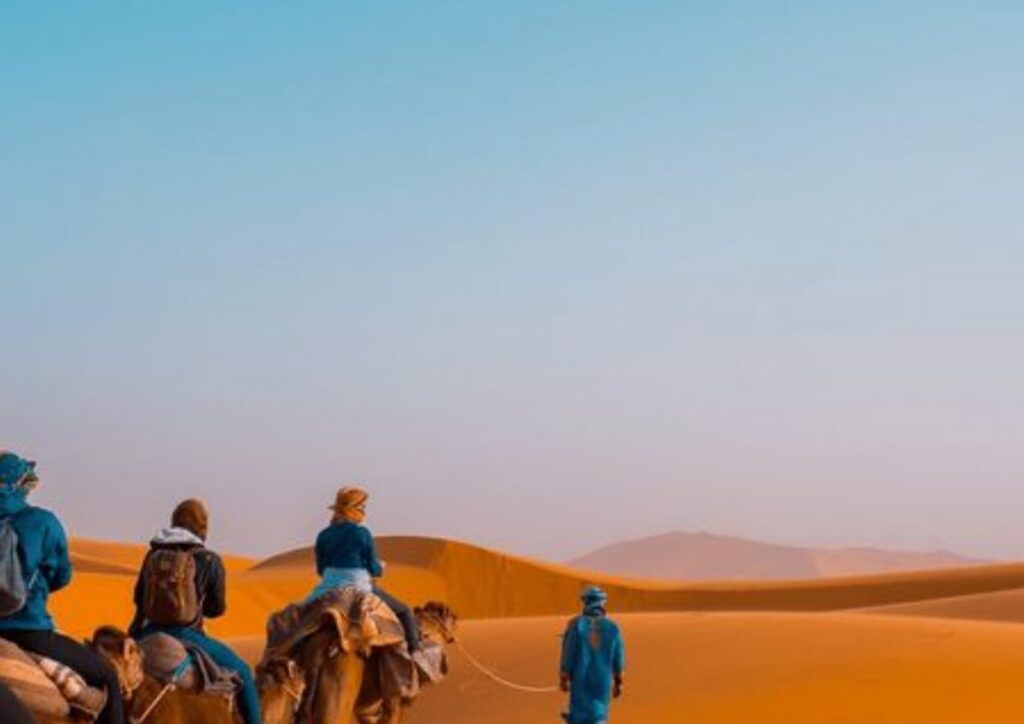 Camel trek riders dunes dusk, Morocco