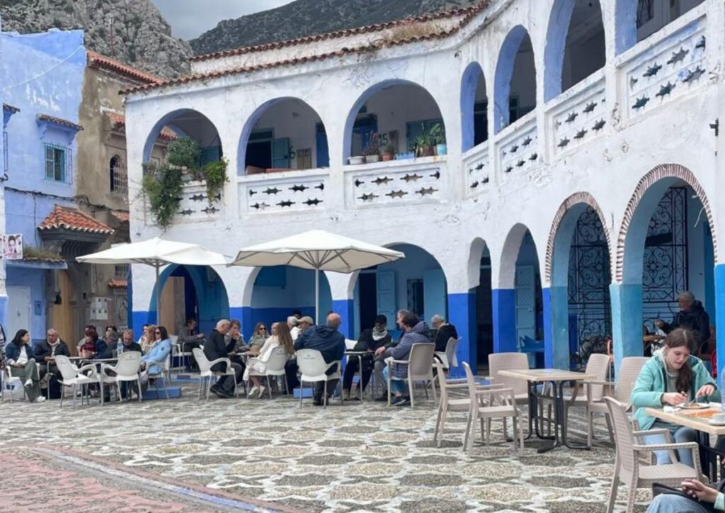 Chefchaouen blue plaza cafe terrace, Morocco
