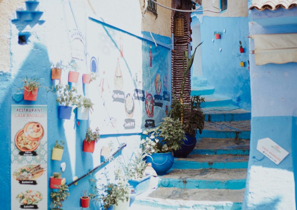 Chefchaouen blue stairs restaurant, Morocco