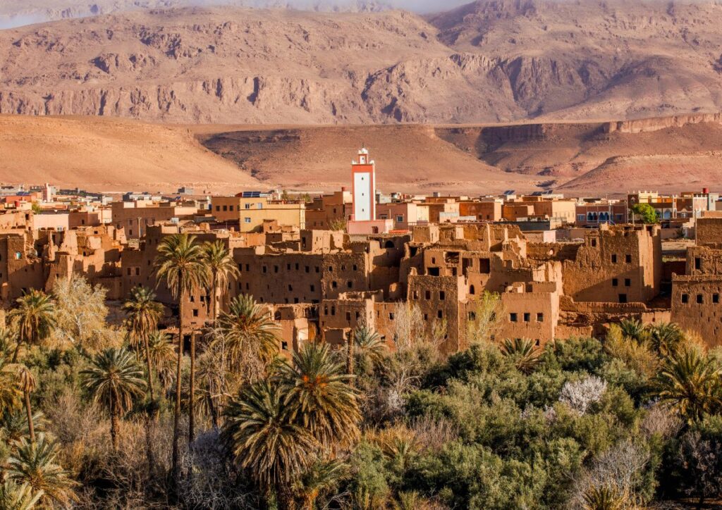 Kasbah village palm oasis mountains, Morocco