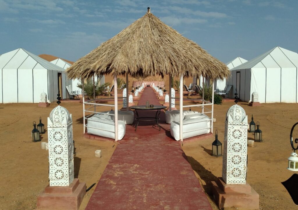 Luxury desert glamping camp tents, Morocco