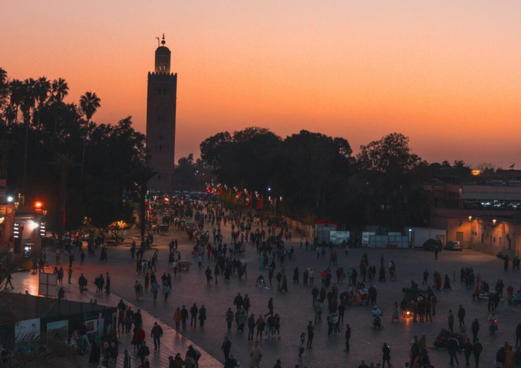 Marrakech Jemaa el-Fna sunset panorama, Morocco