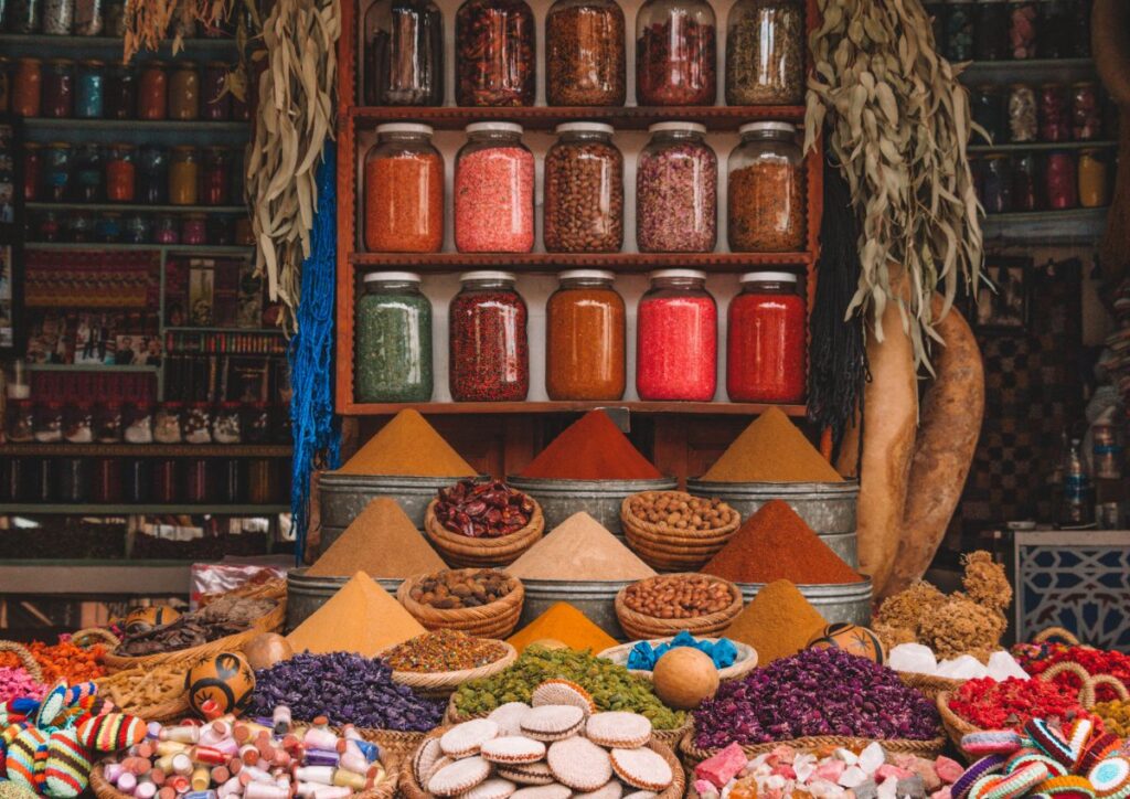 Marrakech spice shop jars, Morocco