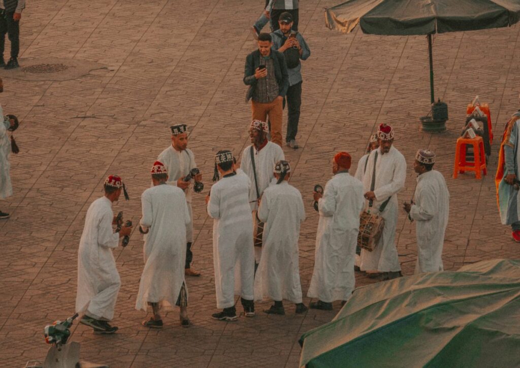 Marrakech square musicians performers, Morocco