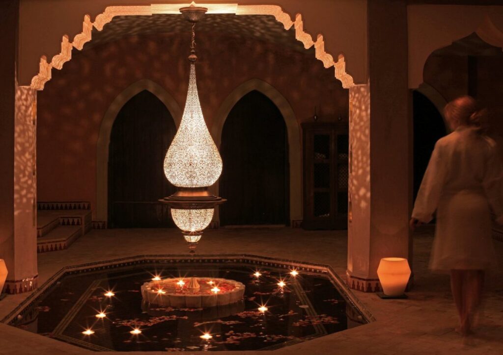 Riad interior chandelier candles spa, Morocco