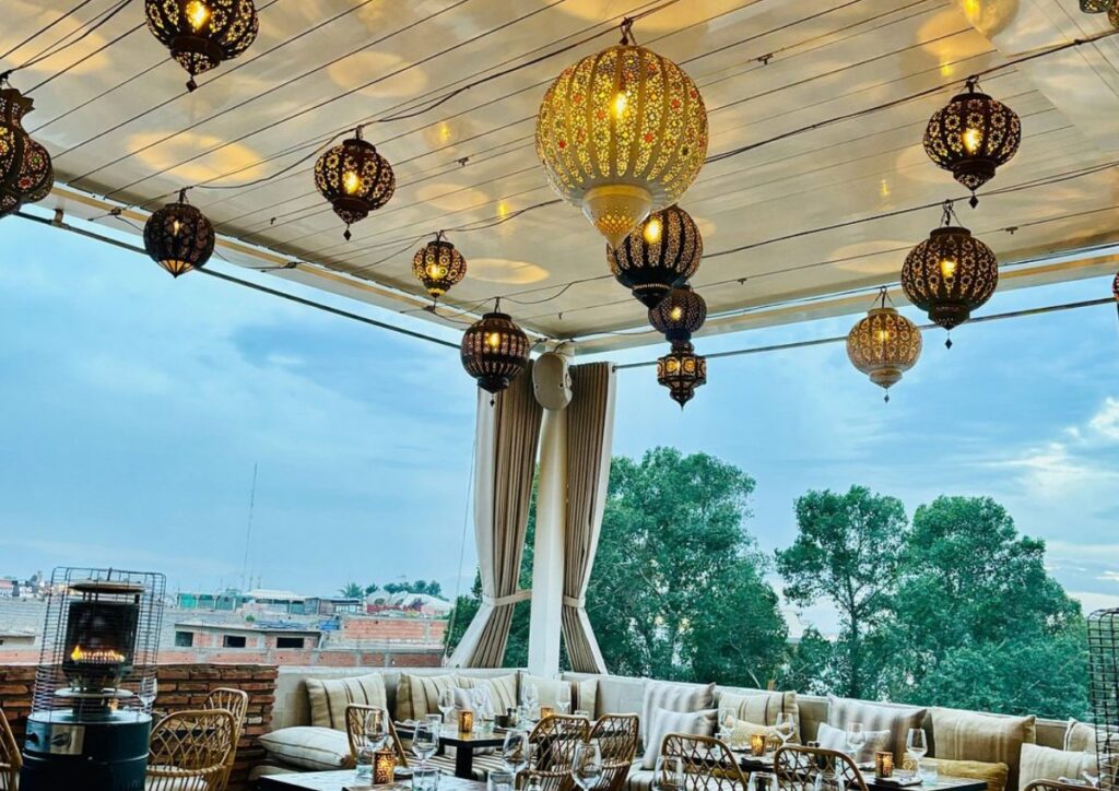 Rooftop restaurant lanterns terrace, Morocco