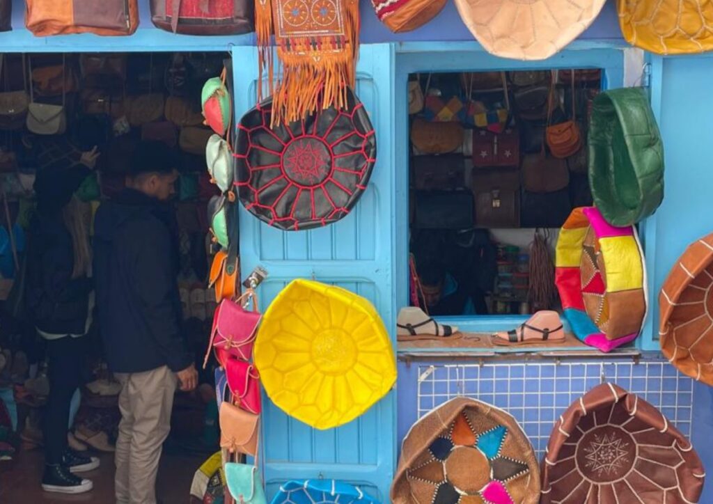 Souk leather bags handicraft shop, Morocco